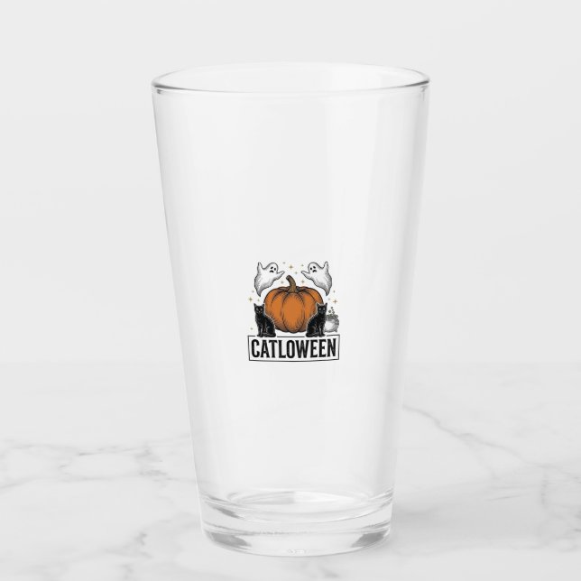 Catloween Svart Katt Spöke Halloween Vektor Design Glaskopp (Framsida)