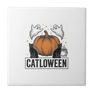 Catloween Svart Katt Spöke Halloween Vektor Design Kakelplatta