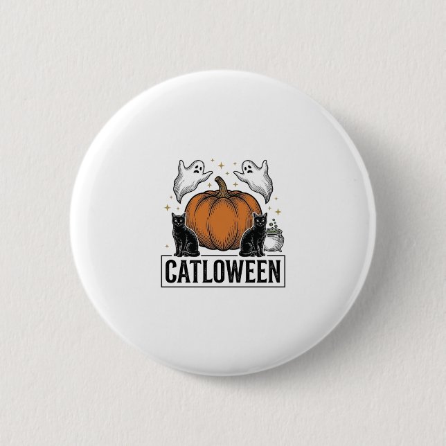 Catloween Svart Katt Spöke Halloween Vektor Design Knapp (Framsida)