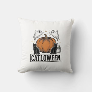 Catloween Svart Katt Spöke Halloween Vektor Design Kudde