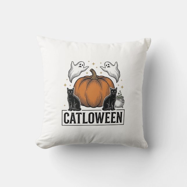 Catloween Svart Katt Spöke Halloween Vektor Design Kudde (Framsida)