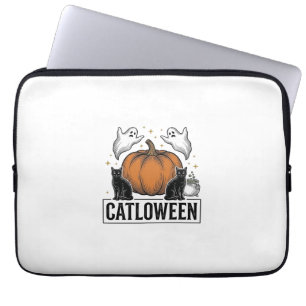 Catloween Svart Katt Spöke Halloween Vektor Design Laptop Fodral