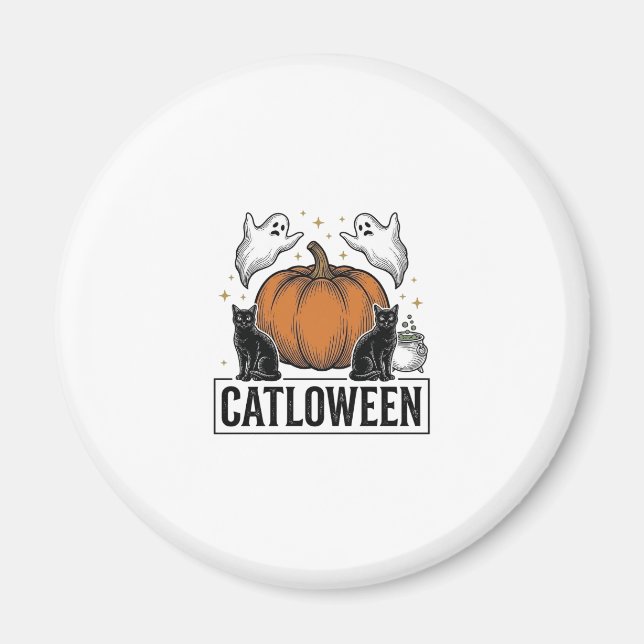Catloween Svart Katt Spöke Halloween Vektor Design Magnet (Framsidan)