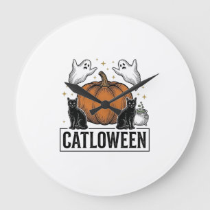 Catloween Svart Katt Spöke Halloween Vektor Design Stor Klocka