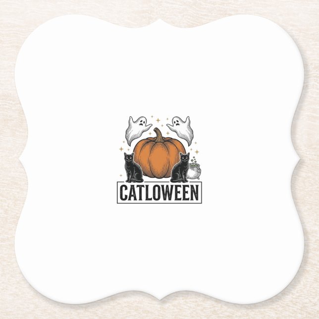 Catloween Svart Katt Spöke Halloween Vektor Design Underlägg Papper (Framsida)