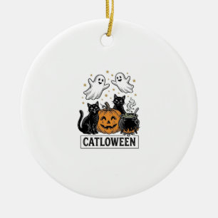 Catloween Vintage Ghost Cat Halloween T-shirt Desi Julgransprydnad Keramik