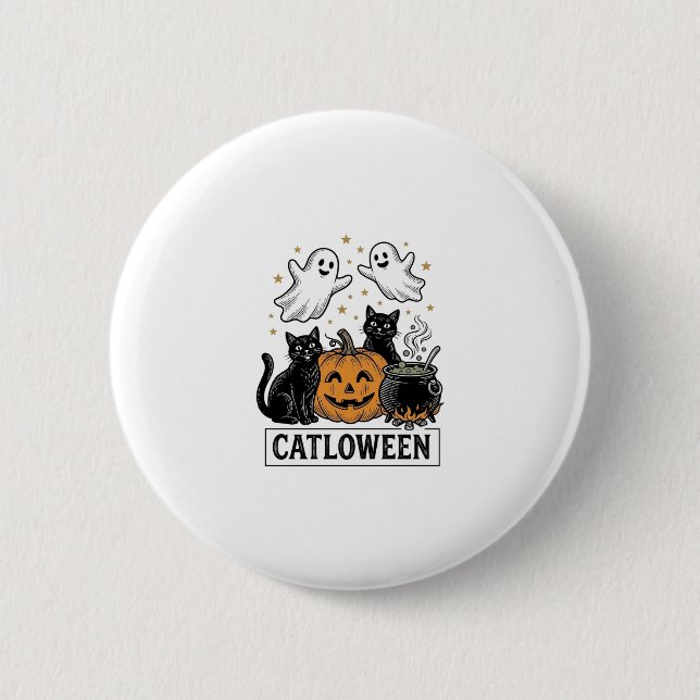 Catloween Vintage Spök Katt Halloween Tröja Design Knapp (Framsida)