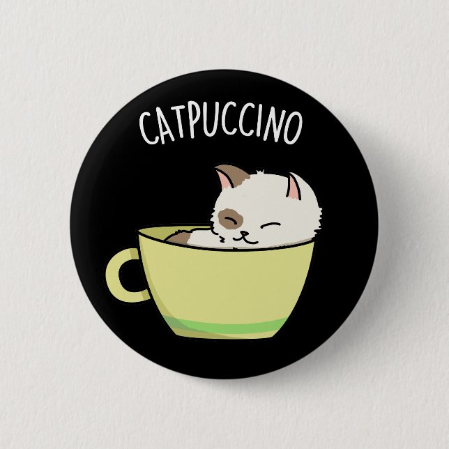 Catpuccino Funny Kattunge i Kopp Pun Mörk BG Knapp (Framsida)