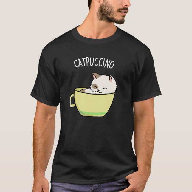 Catpuccino Funny Kattunge i Kopp Pun Mörk BG T Shirt (Framsida)