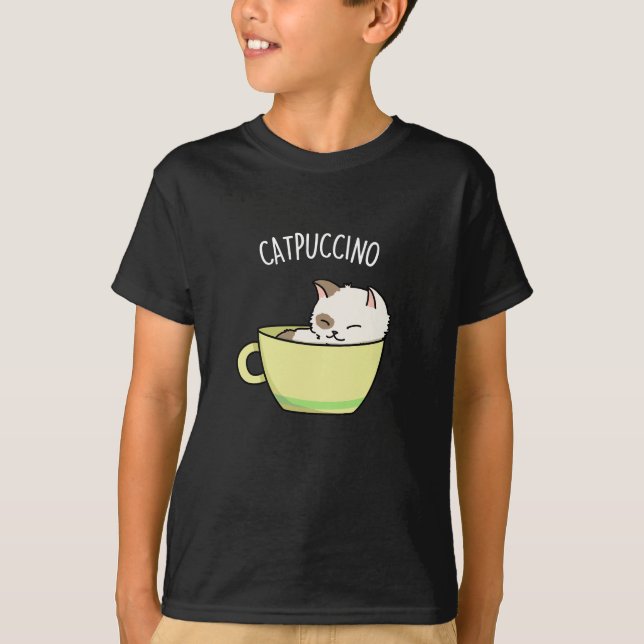Catpuccino Funny Kattunge i Kopp Pun Mörk BG T Shirt (Framsida)