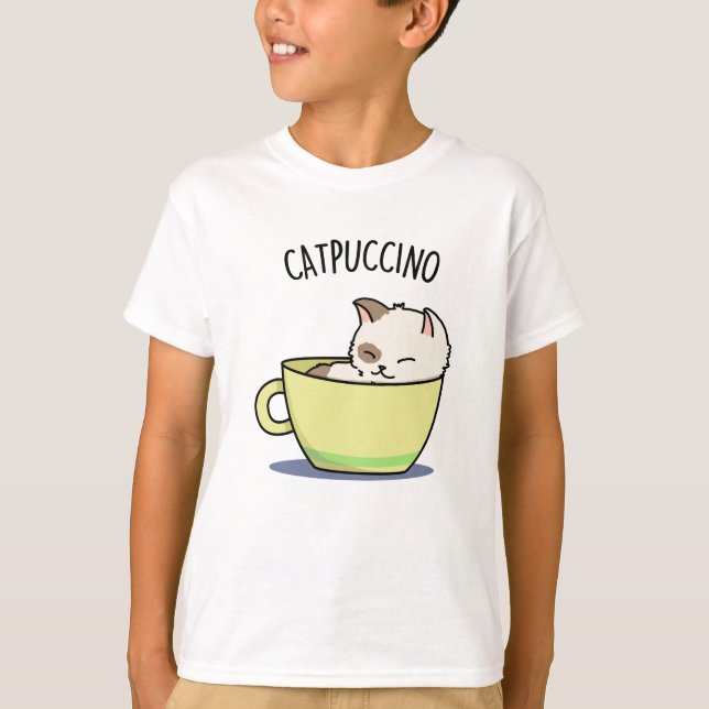 Catpuccino Funny Kattunge i Kopp Pun T Shirt (Framsida)