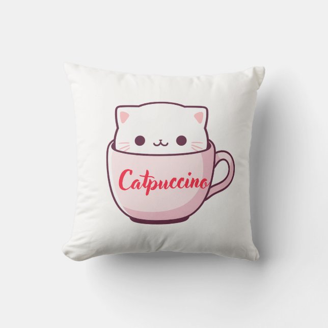 "Catpuccino Sött Katt Kaffe Kopp Kastkudde" Kudde (Framsida)