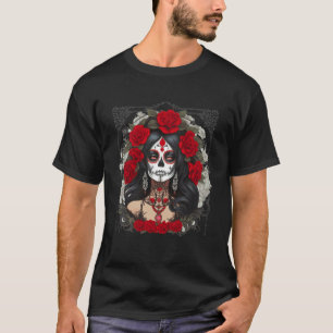 Catrina Day Socker Skalle RÖDA Rosor Los Muertos H T Shirt