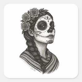 Catrina Mexiicana Sarape Y Rosas Dia de Muertos Fyrkantigt Klistermärke