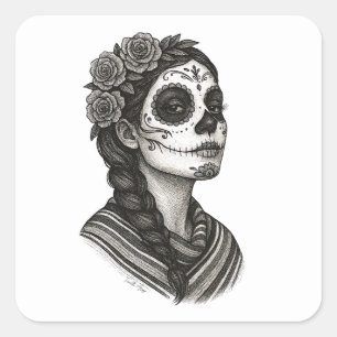 Catrina Mexiicana Sarape Y Rosas Dia de Muertos Fyrkantigt Klistermärke