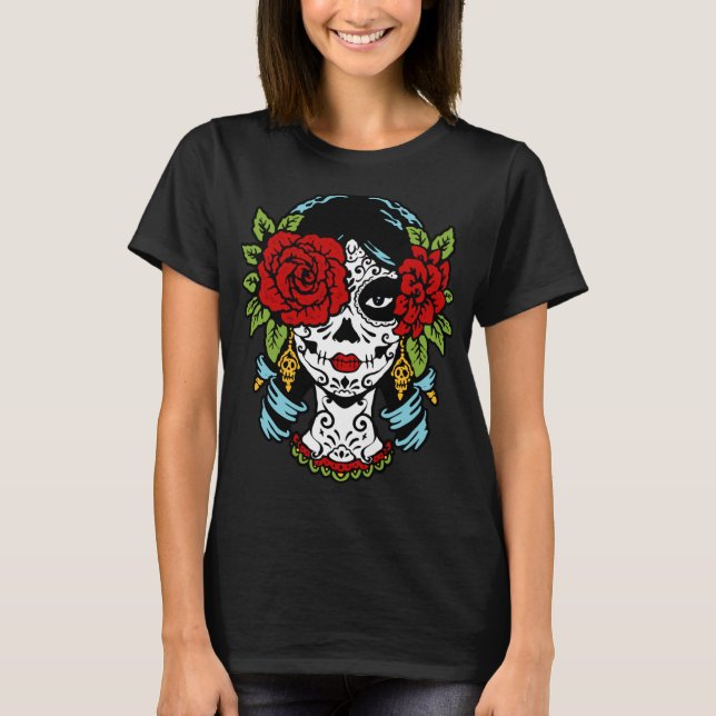Catrina Ro Sugar Skull Calavera Mexiko Skeleton T Shirt (Framsida)