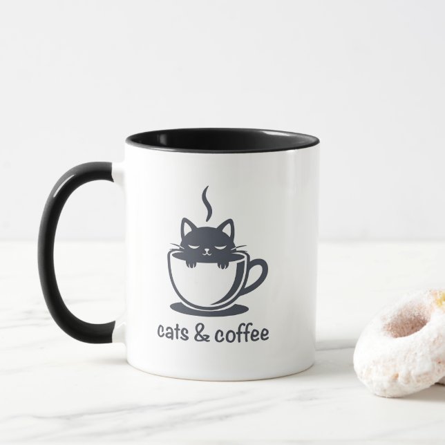 Cats and Coffee Minimalist Noir Feline Quote Mugg (Med munk)