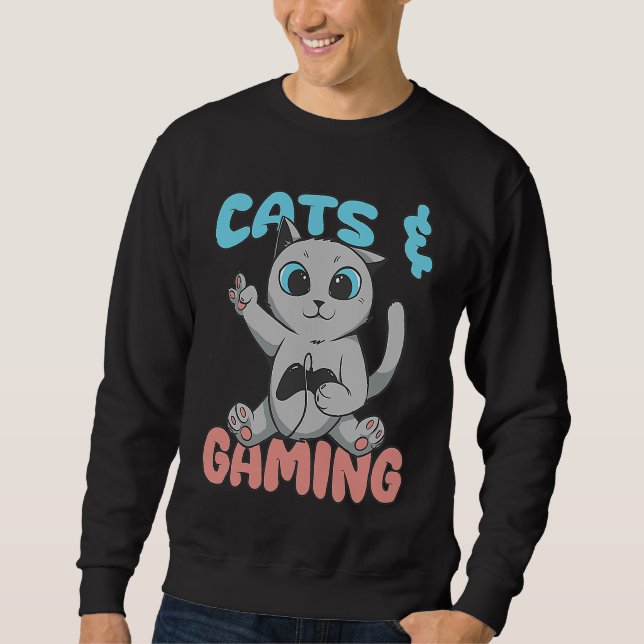 Cats And Gaming Loves Playing Video Games Cute Gam Lång Ärmad Tröja (Framsida)