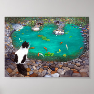 Cats and Koi Fish art print. Gift for cat lovers.  Poster