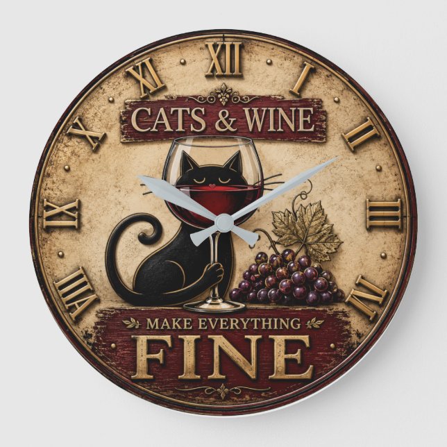 Cats and Wine Make Everything Fine Rustic Farm Stor Klocka (Framsida)