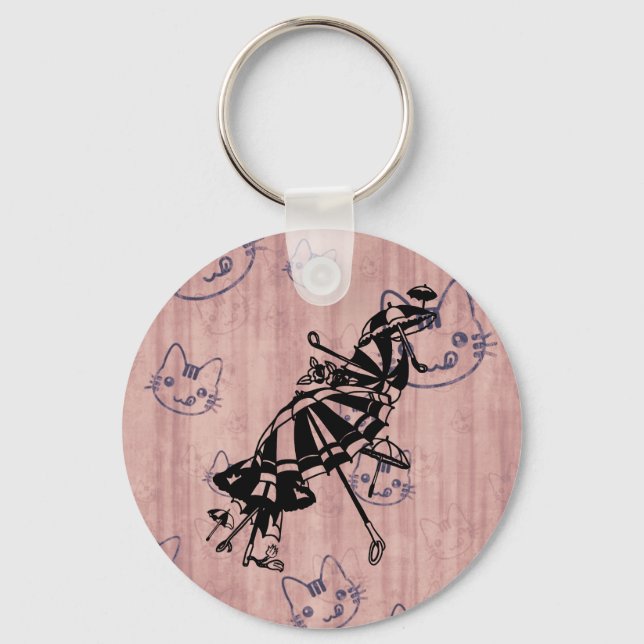 Cats Ansikte Parasols Umbrellas Bläck art teckning Nyckelring (Framsida)