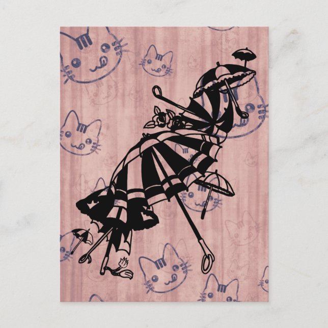 Cats Ansikte Parasols Umbrellas Bläck art teckning Vykort (Framsida)