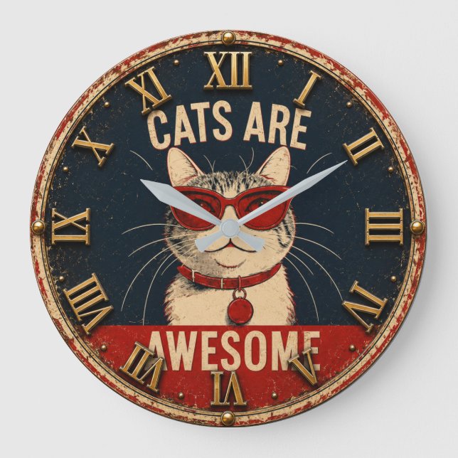 Cats Are Awesome Cool Cat with Red Sunglasses Stor Klocka (Framsida)