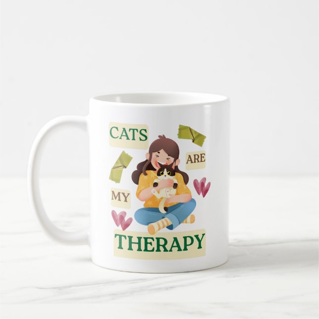 Cats Are My Therapy – Cute Cat Lover Design Kaffemugg (Vänster)