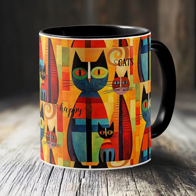 Cats av färglöst Lycklig Kaffemugg (Whimsical and artistic mug featuring an illustration of cute colorful cats, simply being happy)