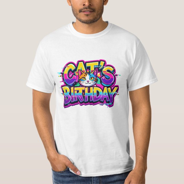Cat's Birthday Rainbow Glitch T Shirt (Framsida)
