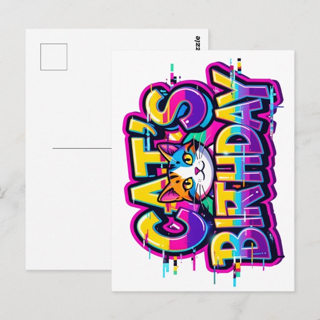 Cat's Birthday Rainbow Glitch Vykort (Fram/baksida)
