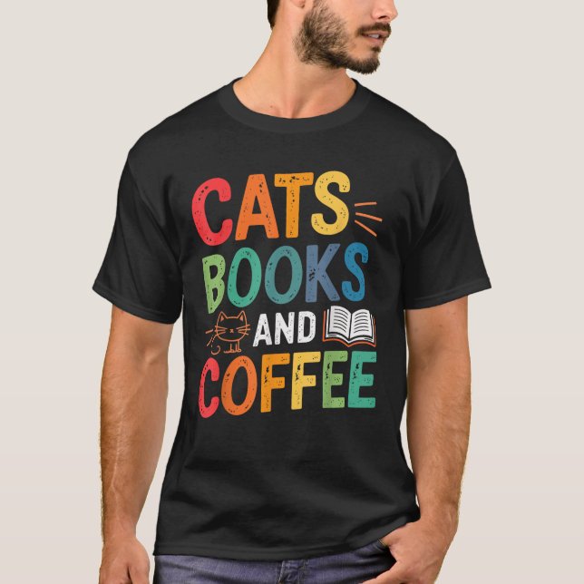 Cats Bokar och Coffee Älskare T Shirt (Framsida)