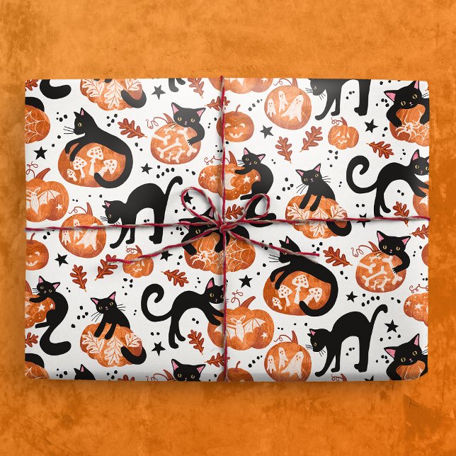Cats Carving Halloween Jack-o'-lantern Pumpkins Presentpapper (Gift Mickup)