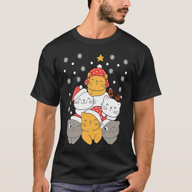 Cats Christmas Tree Xmas Cats Lovers Kids Mens Wom T Shirt (Framsida)