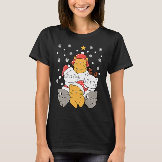 Cats Christmas Tree Xmas Cats Lovers Kids Mens Wom T Shirt (Framsida)