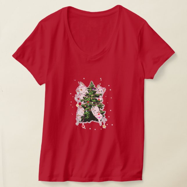 cats climbing and decorating a Christmas tree  T Shirt (Laydown)