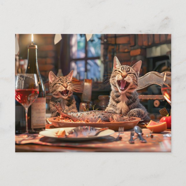 Cats dining on fish with wine indoors helg vykort (Framsida)