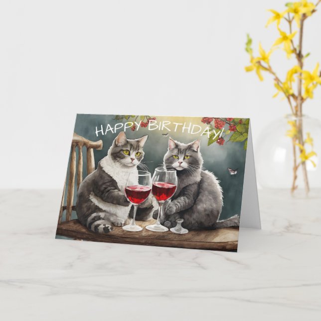 Cats Drinking Wine Birthday Card! Kort (Gul blomma)