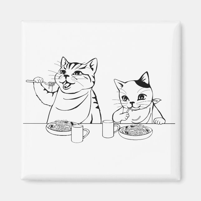 Cats Eating Spaghetti Cute Absurd Funny Fånig Magnet (Framsidan)