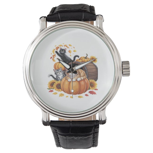 Cats Fall Autumn Pumpkins Thanksgiving Solros C Armbandsur (Framsida)