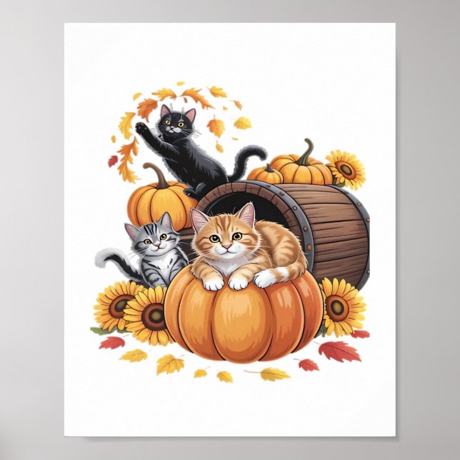 Cats Fall Autumn Pumpkins Thanksgiving Solros C Poster (Framsidan)