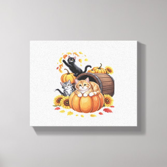 Cats Fall Autumn Pumpkins Thanksgiving Solros O Canvastryck (Framsida)