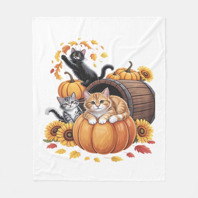 Cats Fall Autumn Pumpkins Thanksgiving Solros O Fleecefilt (Framsidan)