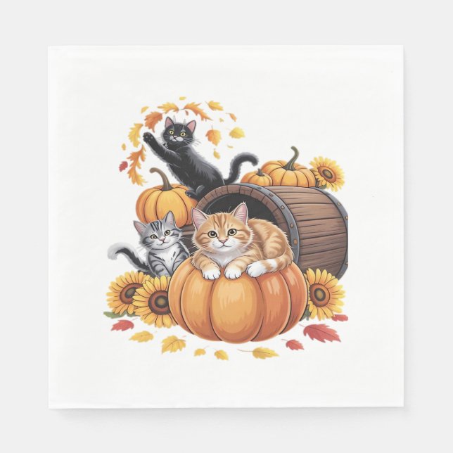 Cats Fall Autumn Pumpkins Thanksgiving Solros O Pappersservett (Framsidan)