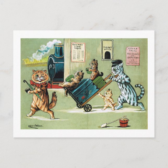 Cats Family's Tåg Travel, Louis Wain Vykort (Framsida)