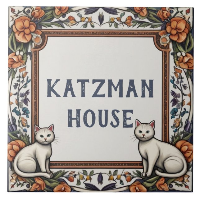 Cats & Flowers Anpassningsbar House Namn Plate Sig Kakelplatta (Framsidan)