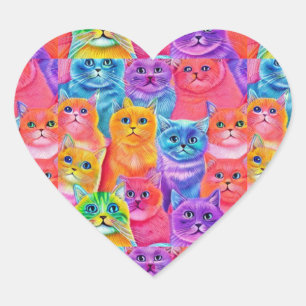 Cats Friends Colorful Roligt Hjärtformat Klistermärke