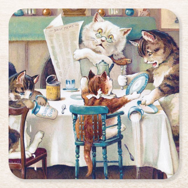 Cats frukost Time, Louis Wain Underlägg Papper Kvadrat (Framsidan)
