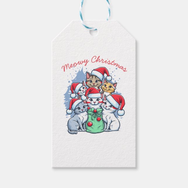 Cats God jul, Meowy-jul, Lustigt gift Presentetikett (Framsidan)