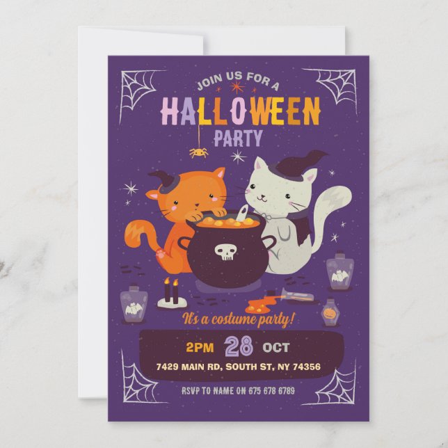Cats Halloween fest Kids Roligt Witches Cauldron Inbjudningar (Framsida)